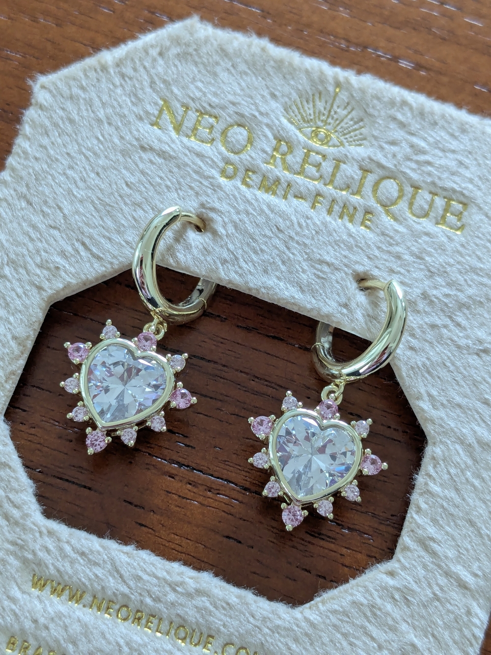 Neo Relique Gold Heart Drop Earrings with Clear and Pink Stones NEW